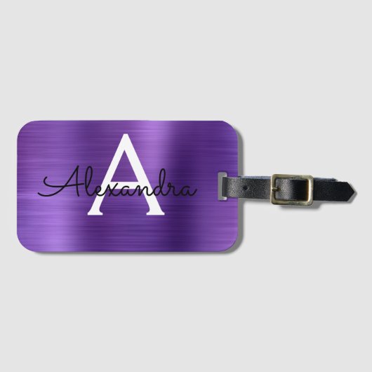 Paars geborsteld Metaal Monogram Naam en Initiaal Bagagelabel (Voorkant (horizontaal))