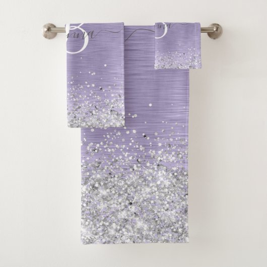 Paars geborsteld metaal Silver Glitter Monogram Na Bad Handdoek (Insitu)