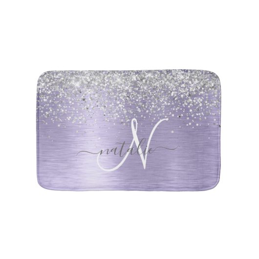 Paars geborsteld metaal Silver Glitter Monogram Na Badmat (Voorkant)