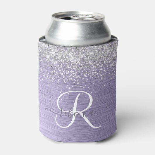 Paars geborsteld metaal Silver Glitter Monogram Na Blikjeskoeler (Blikje Voorkant)