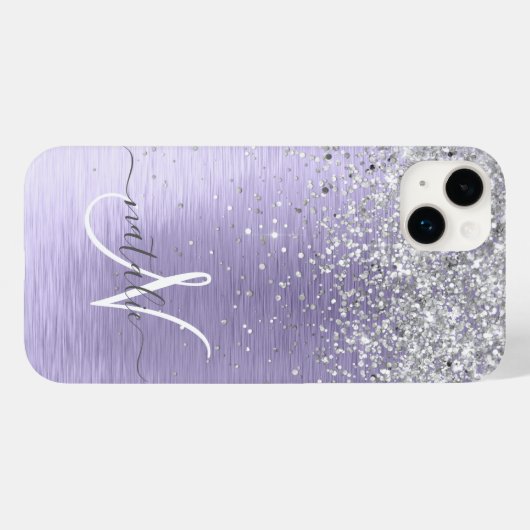 Paars geborsteld metaal Silver Glitter Monogram Na Case-Mate iPhone Case (Achterkant (horizontaal))