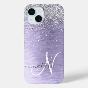 Paars geborsteld metaal Silver Glitter Monogram Na iPhone 15 Case