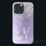 Paars geborsteld metaal Silver Glitter Monogram Na Case-Mate iPhone Case<br><div class="desc">Pas dit trendy ontwerp van de telefoonbehuizing eenvoudig aan met  zilveren mousserende glitter op een paarse geborstelde metalen achtergrond.</div>