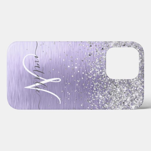 Paars geborsteld metaal Silver Glitter Monogram Na Case-Mate iPhone Case (Achterkant (horizontaal))
