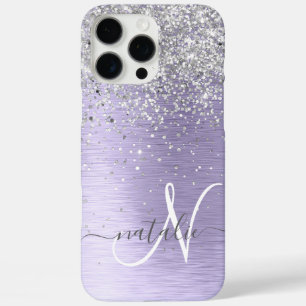 Paars geborsteld metaal Silver Glitter Monogram Na iPhone 16 Pro Max Hoesje