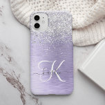 Paars geborsteld metaal Silver Glitter Monogram Na Case-Mate iPhone Case<br><div class="desc">Pas dit trendy ontwerp van de telefoonbehuizing eenvoudig aan met  zilveren mousserende glitter op een paarse geborstelde metalen achtergrond.</div>
