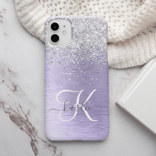 Paars geborsteld metaal Silver Glitter Monogram Na Case-Mate iPhone Case