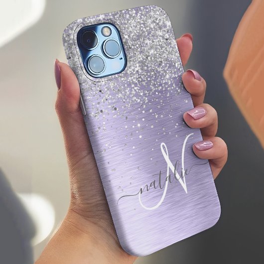 Paars geborsteld metaal Silver Glitter Monogram Na Case-Mate iPhone Case