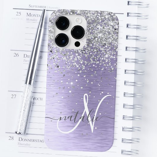 Paars geborsteld metaal Silver Glitter Monogram Na Case-Mate iPhone Case