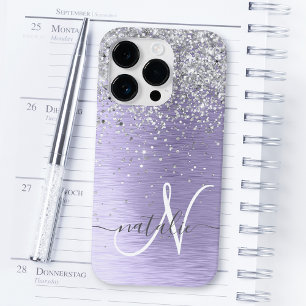 Paars geborsteld metaal Silver Glitter Monogram Na Case-Mate iPhone 14 Pro Hoesje