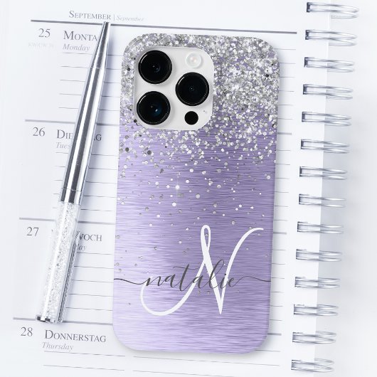 Paars geborsteld metaal Silver Glitter Monogram Na Case-Mate iPhone Case