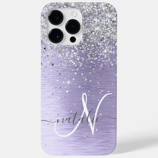 Paars geborsteld metaal Silver Glitter Monogram Na Case-Mate iPhone Case (Achterkant)