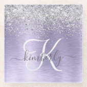 Paars geborsteld metaal Silver Glitter Monogram Na Glazen Onderzetter (Voorkant)