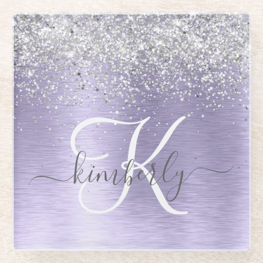 Paars geborsteld metaal Silver Glitter Monogram Na Glazen Onderzetter (Voorkant)