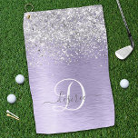 Paars geborsteld metaal Silver Glitter Monogram Na Golfhanddoek<br><div class="desc">Pas dit trendy ontwerp van golfhanddoeken met  zilveren mousserend glitter op een paarse geborstelde metalen achtergrond gemakkelijk aan.</div>