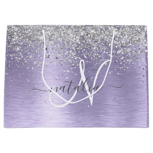 Paars geborsteld metaal Silver Glitter Monogram Na Groot Cadeauzakje (Voorkant)