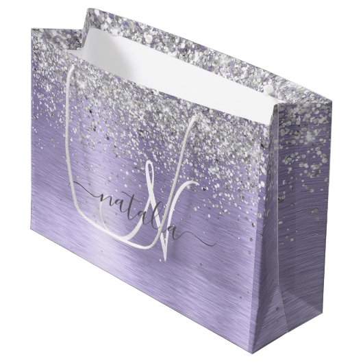 Paars geborsteld metaal Silver Glitter Monogram Na Groot Cadeauzakje (Voorkant Gekanteld)