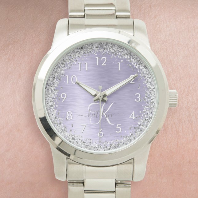 Paars geborsteld metaal Silver Glitter Monogram Na Horloge (Creator heeft geüpload)