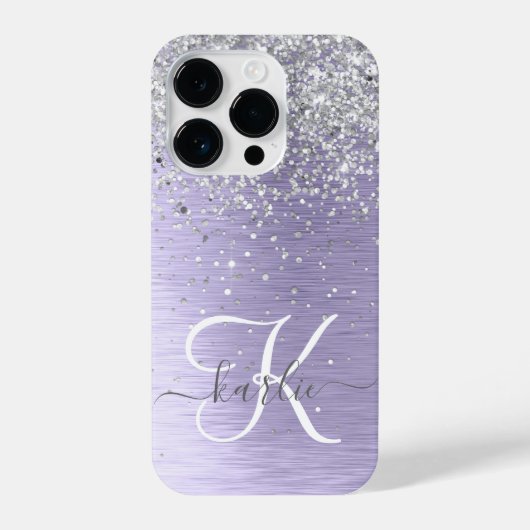 Paars geborsteld metaal Silver Glitter Monogram Na iPhone Hoesje (Achterkant)