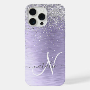 Paars geborsteld metaal Silver Glitter Monogram Na iPhone 15 Pro Max Case