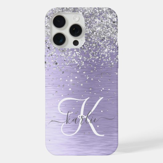 Paars geborsteld metaal Silver Glitter Monogram Na iPhone Hoesje (Achterkant)