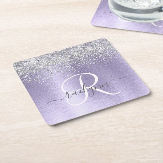 Paars geborsteld metaal Silver Glitter Monogram Na Kartonnen Onderzetters (Schuin)