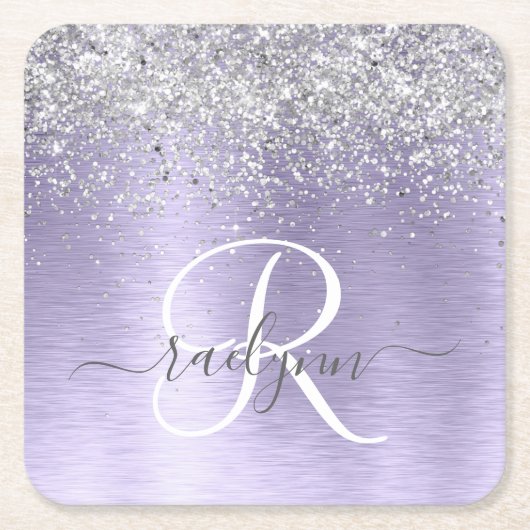 Paars geborsteld metaal Silver Glitter Monogram Na Kartonnen Onderzetters (Voorkant)