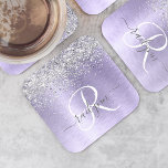 Paars geborsteld metaal Silver Glitter Monogram Na Kartonnen Onderzetters<br><div class="desc">Pas dit trendy onderzetter van papier met  zilvervormend glitter op een paarse geborstelde metalen achtergrond eenvoudig aan.</div>