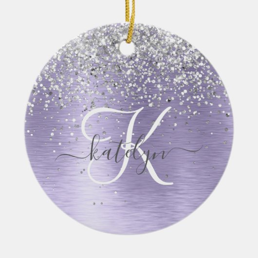 Paars geborsteld metaal Silver Glitter Monogram Na Keramisch Ornament (Voorkant)