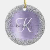 Paars geborsteld metaal Silver Glitter Monogram Na Keramisch Ornament (Voorkant)