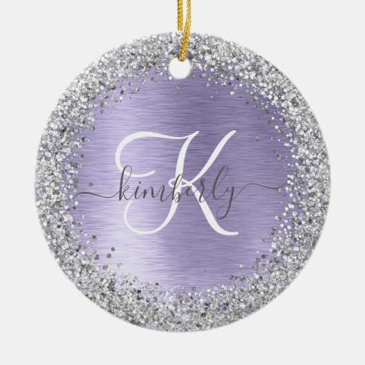Paars geborsteld metaal Silver Glitter Monogram Na Keramisch Ornament (Voorkant)