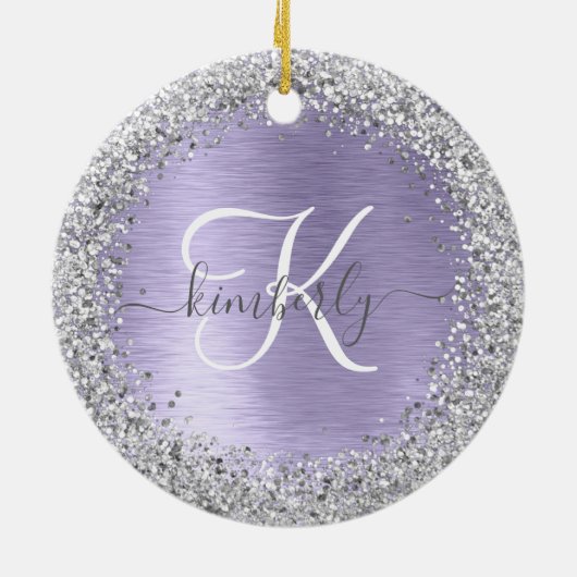 Paars geborsteld metaal Silver Glitter Monogram Na Keramisch Ornament (Achterkant)