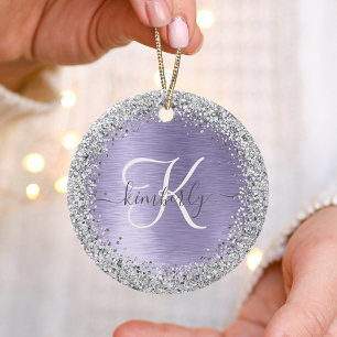 Paars geborsteld metaal Silver Glitter Monogram Na Keramisch Ornament