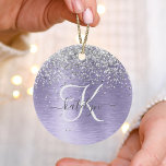Paars geborsteld metaal Silver Glitter Monogram Na Keramisch Ornament<br><div class="desc">Pas dit trendy ornament met  zilveren mousserende glitter op een paarse geborstelde metalen achtergrond eenvoudig aan.</div>