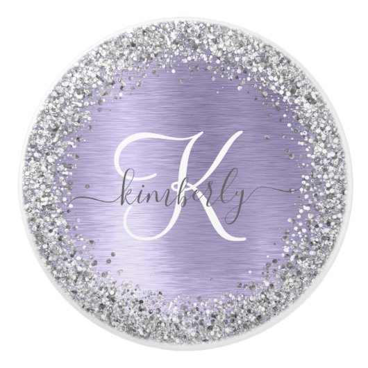 Paars geborsteld metaal Silver Glitter Monogram Na Keramische Knop (Voorkant)