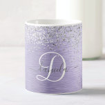 Paars geborsteld metaal Silver Glitter Monogram Na Koffiemok<br><div class="desc">Maak dit trendy ontwerp voor een mok met kookkoffie gemakkelijk aan te passen met  zilveren mousserend glitter op een paarse geborstelde metalen achtergrond.</div>