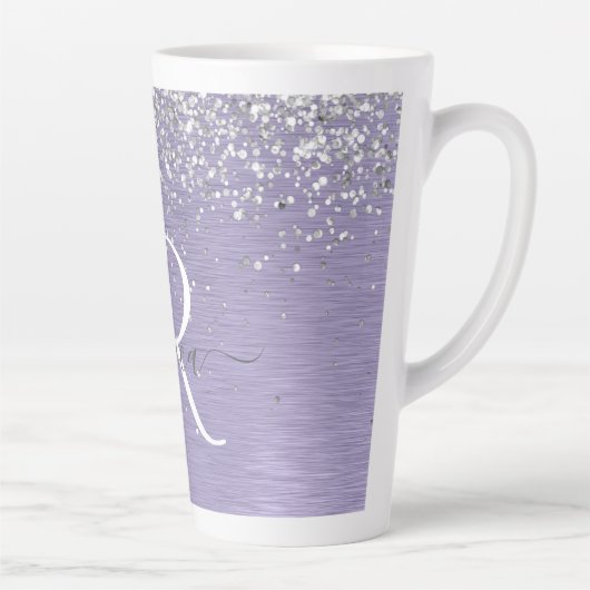 Paars geborsteld metaal Silver Glitter Monogram Na Latte Mok (Rechts)