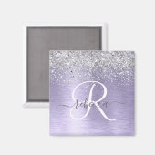 Paars geborsteld metaal Silver Glitter Monogram Na Magneet (Voorkant / Achterkant)