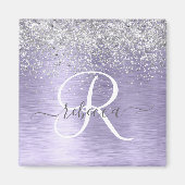 Paars geborsteld metaal Silver Glitter Monogram Na Magneet (Voorkant)