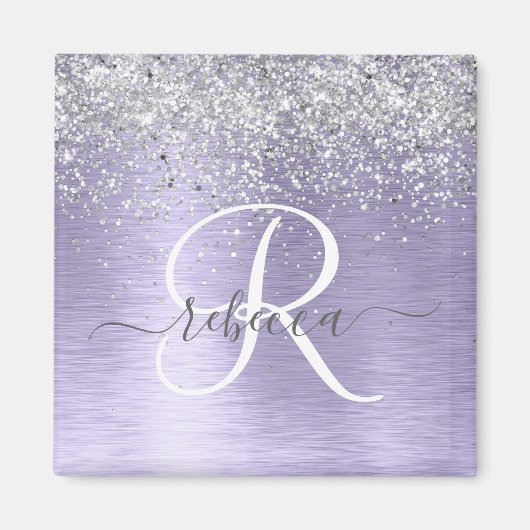 Paars geborsteld metaal Silver Glitter Monogram Na Magneet (Voorkant)