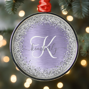 Paars geborsteld metaal Silver Glitter Monogram Na Metalen Ornament