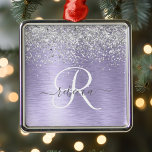 Paars geborsteld metaal Silver Glitter Monogram Na Metalen Ornament<br><div class="desc">Pas dit trendy ornament met  zilveren mousserende glitter op een paarse geborstelde metalen achtergrond eenvoudig aan.</div>