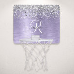 Paars geborsteld metaal Silver Glitter Monogram Na Mini Basketbalbord<br><div class="desc">Pas dit trendy chic basketbalhoepje eenvoudig aan met  zilveren mousserend glitter op een paarse geborstelde metalen achtergrond.</div>