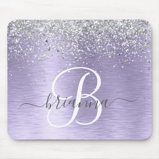 Paars geborsteld metaal Silver Glitter Monogram Na Muismat (Voorkant)