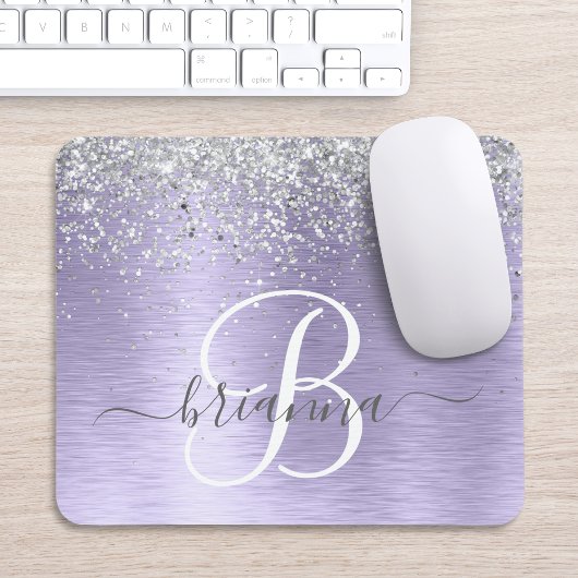 Paars geborsteld metaal Silver Glitter Monogram Na Muismat