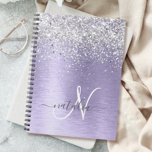 Paars geborsteld metaal Silver Glitter Monogram Na Notitieboek