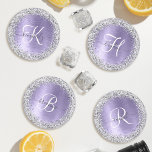 Paars geborsteld metaal Silver Glitter Monogram Na Onderzetter Set<br><div class="desc">Pas dit trendy onderzetter-set eenvoudig aan met  zilveren mousserend glitter op een paarse geborstelde metalen achtergrond.</div>
