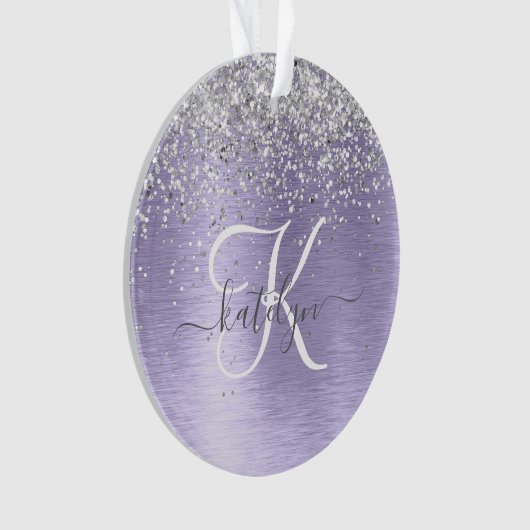 Paars geborsteld metaal Silver Glitter Monogram Na Ornament (voorkant)