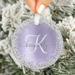 Paars geborsteld metaal Silver Glitter Monogram Na Ornament