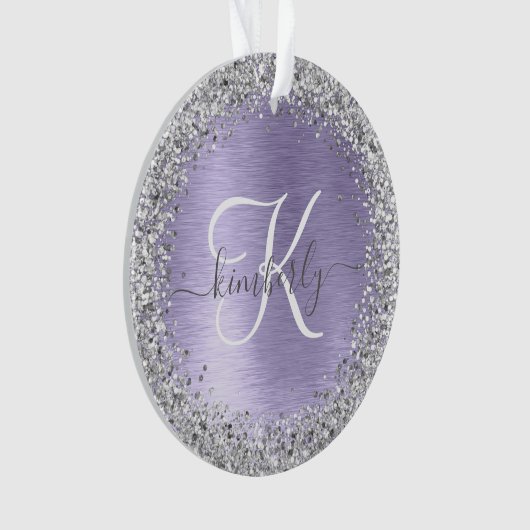 Paars geborsteld metaal Silver Glitter Monogram Na Ornament (voorkant)
